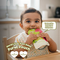 Baby eating Rorosaur Spinachy Grains puree pouch made with rice, dal, and spinach, tastes like palak dal with rice.