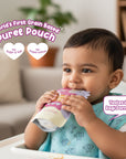 Baby enjoying Rorosaur Wheat-y Ragi puree pouch with no sugar, no preservatives, made from ragi, wheat, and banana.