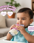 Baby enjoying Rorosaur Wheat-y Ragi puree pouch with no sugar, no preservatives, made from ragi, wheat, and banana.