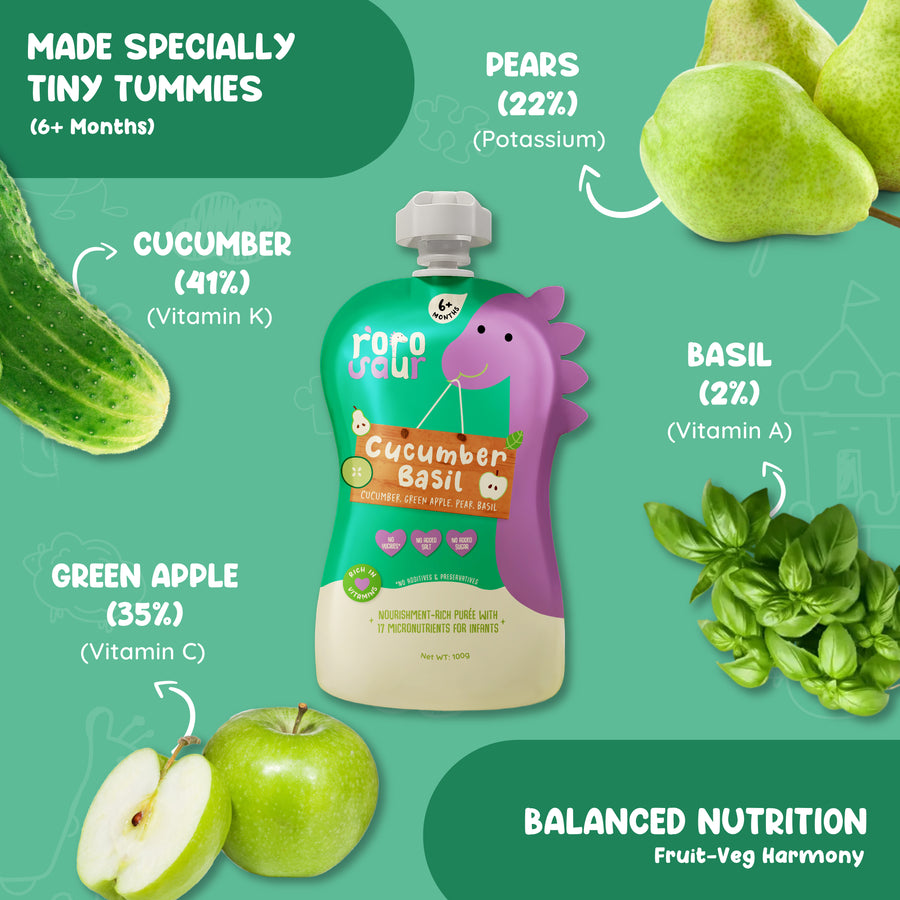 Rorosaur Cucumber Basil baby puree showing cucumber, green apple, pear, and basil ingredients rich in vitamins and hydration.
