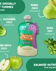 Rorosaur Cucumber Basil baby puree showing cucumber, green apple, pear, and basil ingredients rich in vitamins and hydration.