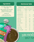 Rorosaur Cucumber Basil baby puree nutrition table showing natural vitamins and light, smooth texture.
