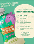 Rorosaur Cucumber Basil baby puree showing retort technology that keeps food fresh for a year without preservatives.