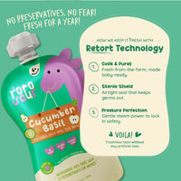 Rorosaur Cucumber Basil baby puree showing retort technology that keeps food fresh for a year without preservatives.