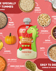 Rorosaur Millet-y Pumpkin baby puree showing pumpkin, red lentils, millet, oats, cashew, and banana rich in vitamins and minerals.