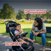 Baby drinking Rorosaur Millet-y Pumpkin puree in stroller with mother nearby, showing complete nutrition and wholesome ingredients.