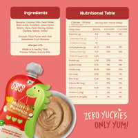 Rorosaur Millet-y Pumpkin baby puree nutrition table showing vitamins, protein, and smooth thick texture with mild banana sweetness.