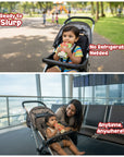 Baby enjoying Rorosaur Millet-y Pumpkin puree outdoors and at the airport, no refrigeration needed, ready to eat anywhere.