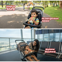 Baby enjoying Rorosaur Millet-y Pumpkin puree outdoors and at the airport, no refrigeration needed, ready to eat anywhere.