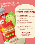 Rorosaur Millet-y Pumpkin baby puree showing retort technology that keeps food fresh for a year without preservatives.