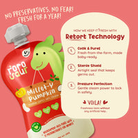 Rorosaur Millet-y Pumpkin baby puree showing retort technology that keeps food fresh for a year without preservatives.