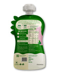 Rorosaur Pear-y Green baby puree pouch with ingredients, nutrition facts, and usage directions for infants.
