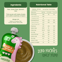 Rorosaur Pear-y Green baby puree nutrition table and thick puree with taste of peas and subtle pear sweetness.