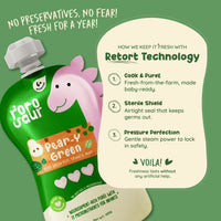 Rorosaur Pear-y Green baby puree showing retort technology that keeps food fresh for a year without preservatives.