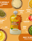 Rorosaur Rice O Lentils baby puree showing ingredients like rice, tomatoes, green peas, moong dal, pigeon peas, and ghee, all easy to digest.