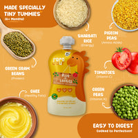 Rorosaur Rice O Lentils baby puree showing ingredients like rice, tomatoes, green peas, moong dal, pigeon peas, and ghee, all easy to digest.