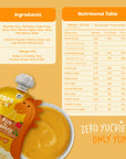 Rorosaur Rice O Lentils baby puree nutrition table showing rich vitamins, protein, and fibre from rice, lentils, and vegetables.