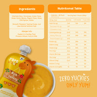 Rorosaur Rice O Lentils baby puree nutrition table showing rich vitamins, protein, and fibre from rice, lentils, and vegetables.
