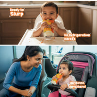Baby enjoying Rorosaur Rice O Lentils puree showing ready-to-eat convenience with no refrigeration needed.