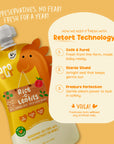 Rorosaur Rice O Lentils baby puree showing how retort technology locks in freshness for a year without preservatives.