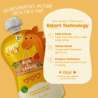 Rorosaur Rice O Lentils baby puree showing how retort technology locks in freshness for a year without preservatives.
