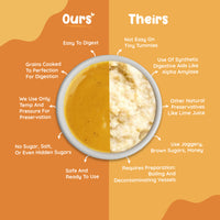 Comparison of Rorosaur Rice O Lentils baby puree vs other brands, highlighting no sugar, no preservatives, and easy digestibility.