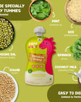 Rorosaur Spinachy Grains baby puree showing moong dal, rice, spinach, mint, jowar, and coconut milk for balanced nutrition.