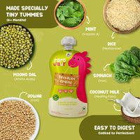 Rorosaur Spinachy Grains baby puree showing moong dal, rice, spinach, mint, jowar, and coconut milk for balanced nutrition.