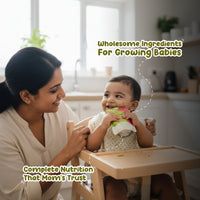 Mother feeding baby Rorosaur Spinachy Grains puree showing wholesome ingredients and complete balanced nutrition.