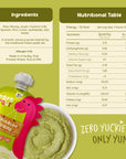 Rorosaur Spinachy Grains baby puree nutrition table showing protein, fibre, and smooth savoury texture with spinach and dal.