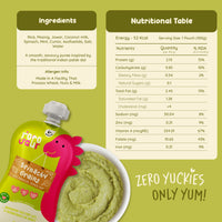 Rorosaur Spinachy Grains baby puree nutrition table showing protein, fibre, and smooth savoury texture with spinach and dal.