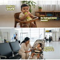 Baby enjoying Rorosaur Spinachy Grains puree, no refrigeration needed, easy to feed anywhere.