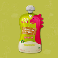 Rorosaur Spinachy Grains baby puree pack made with rice, moong dal, spinach, and mint for infants 6 months and older.