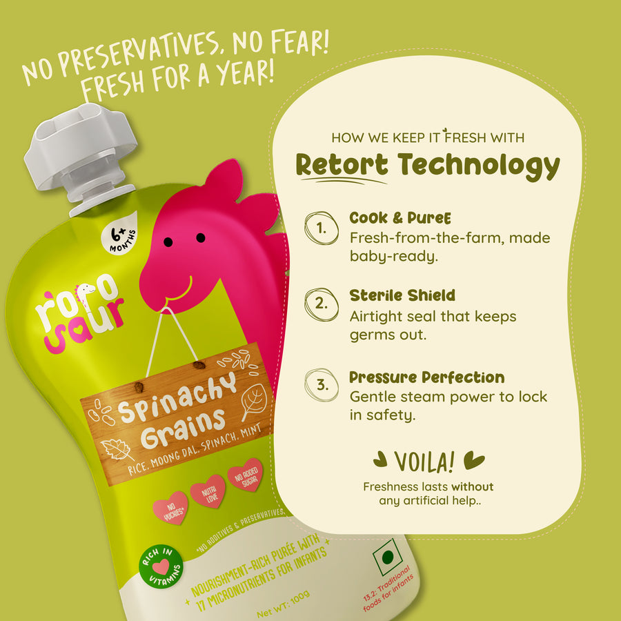 Rorosaur Spinachy Grains baby puree showing retort technology that keeps food fresh for a year without preservatives.