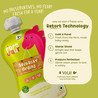 Rorosaur Spinachy Grains baby puree showing retort technology that keeps food fresh for a year without preservatives.