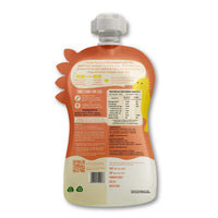 Back of Rorosaur Sweetpotato Apple baby puree pouch with ingredients, nutrition facts, and usage directions.