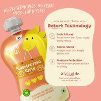 Rorosaur Sweetpotato Apple baby puree showing retort technology that keeps food fresh for a year without preservatives.
