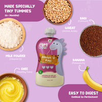 Rorosaur Wheat-y Ragi baby food puree showing ragi, wheat, banana, milk powder, and ghee for 6 months plus babies.