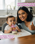 Mother feeding Rorosaur Wheat-y Ragi puree to baby, showing wholesome nutrition and complete meal for infants.