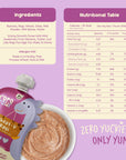 Rorosaur Wheat-y Ragi baby puree nutrition chart with vitamins, minerals, and natural ingredients list.
