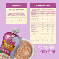 Rorosaur Wheat-y Ragi baby puree nutrition chart with vitamins, minerals, and natural ingredients list.