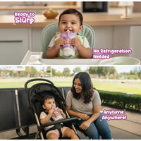 Baby eating Rorosaur Wheat-y Ragi puree, no refrigeration needed, ready to eat anywhere.