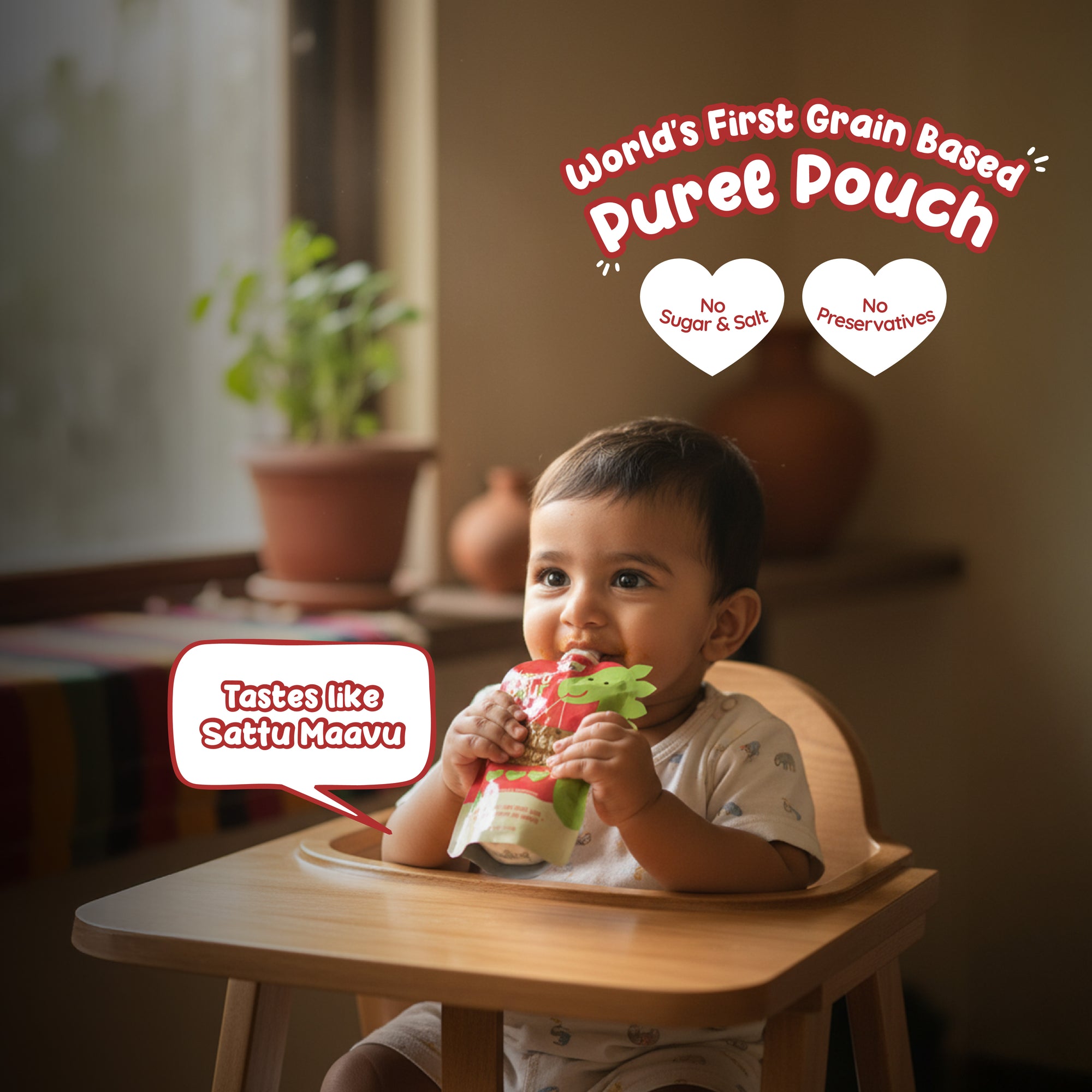 Baby eating Rorosaur Millet-y Pumpkin puree pouch made with pumpkin, lentils, oats, and cashew with no sugar or preservatives.