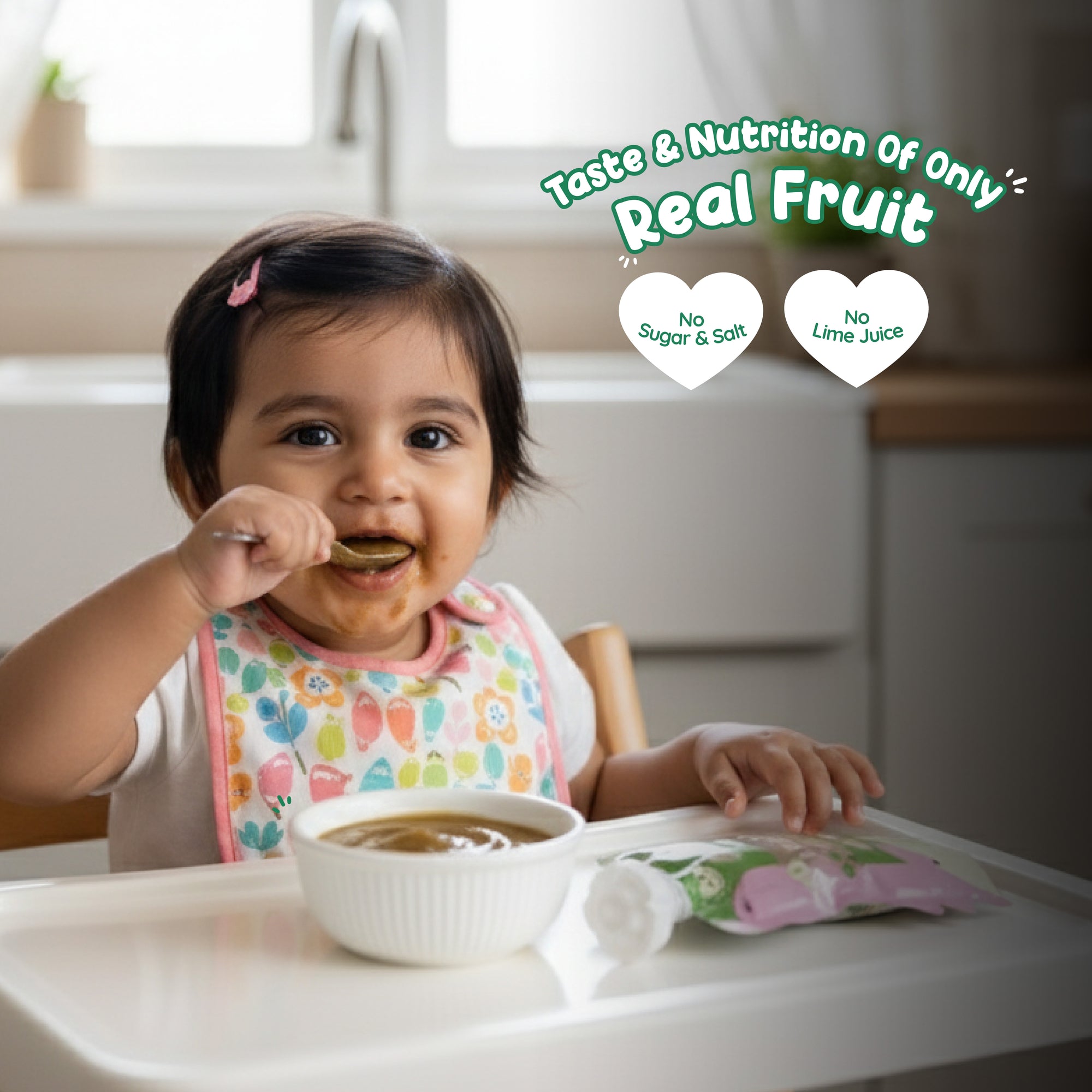 Baby eating Rorosaur Pear-y Green puree pouch with no sugar or lime juice.