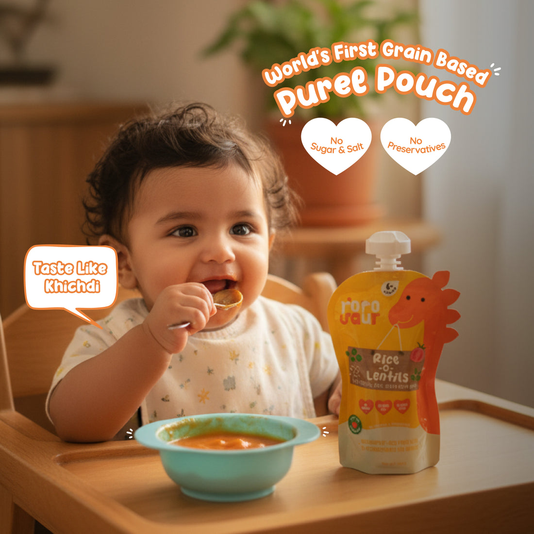 Baby eating Rorosaur Rice O Lentils puree that tastes like khichdi, made with no sugar, salt, or preservatives.