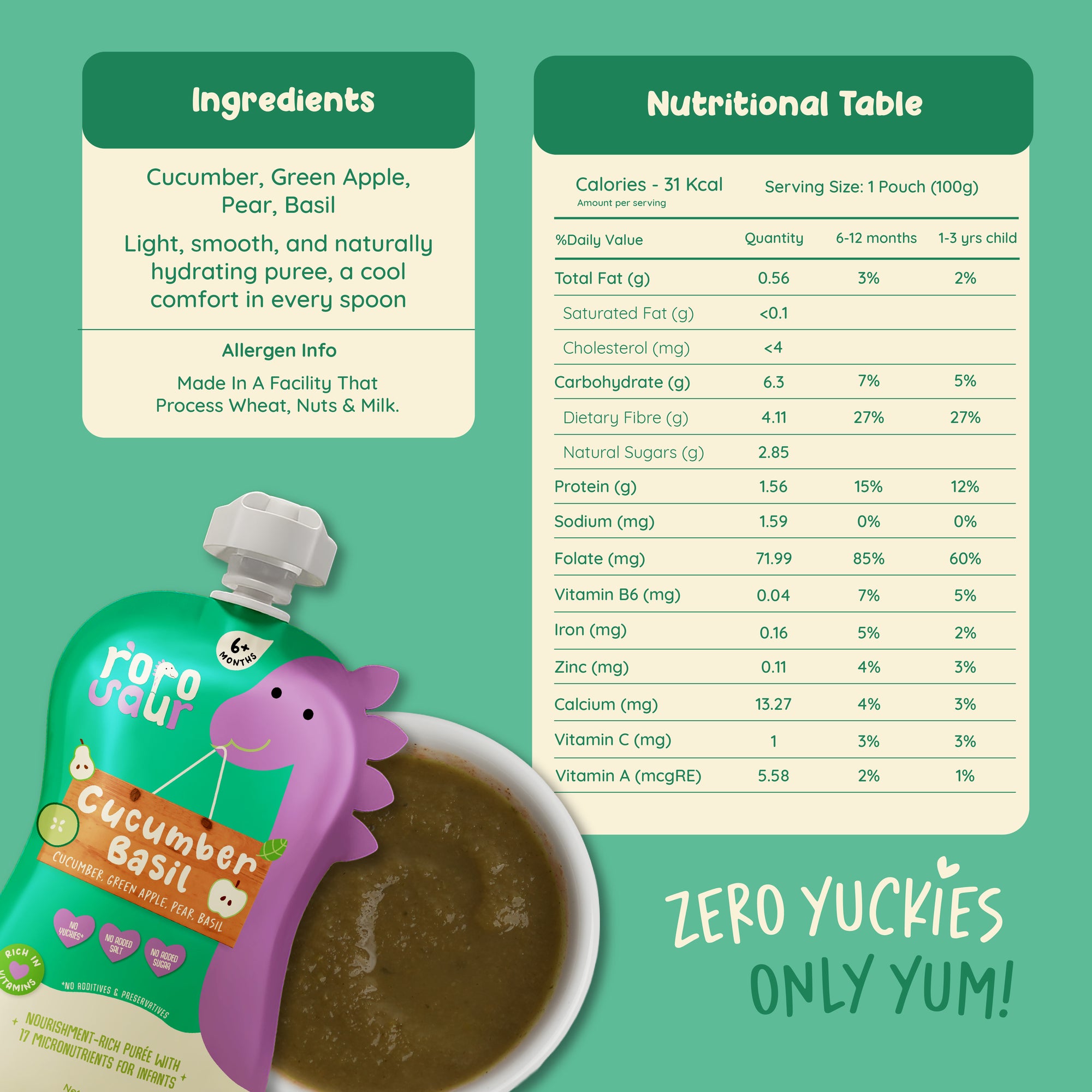 Rorosaur Cucumber Basil baby puree nutrition table showing natural vitamins and light, smooth texture.