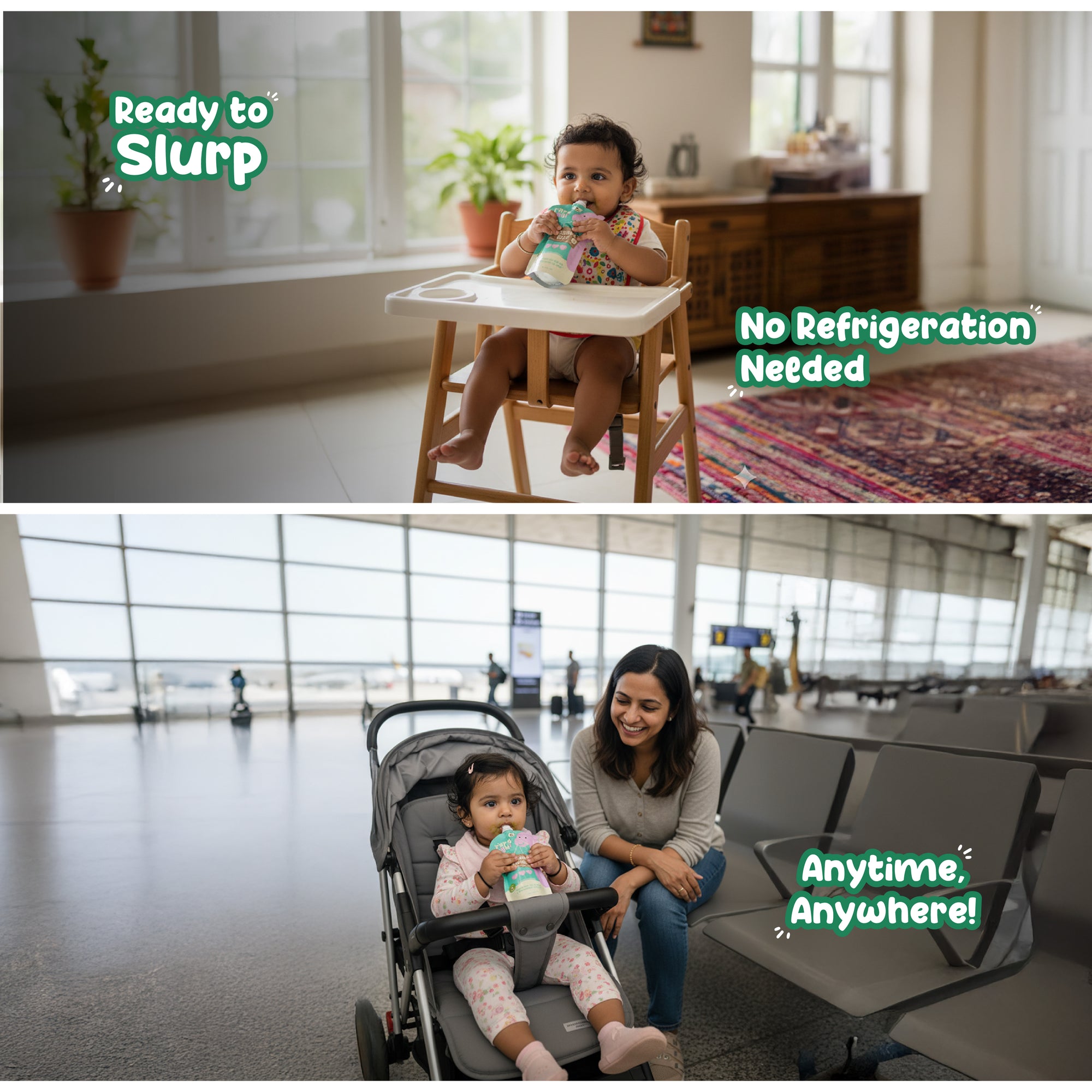 Baby enjoying Rorosaur Cucumber Basil puree, no refrigeration needed, ready to slurp anytime.