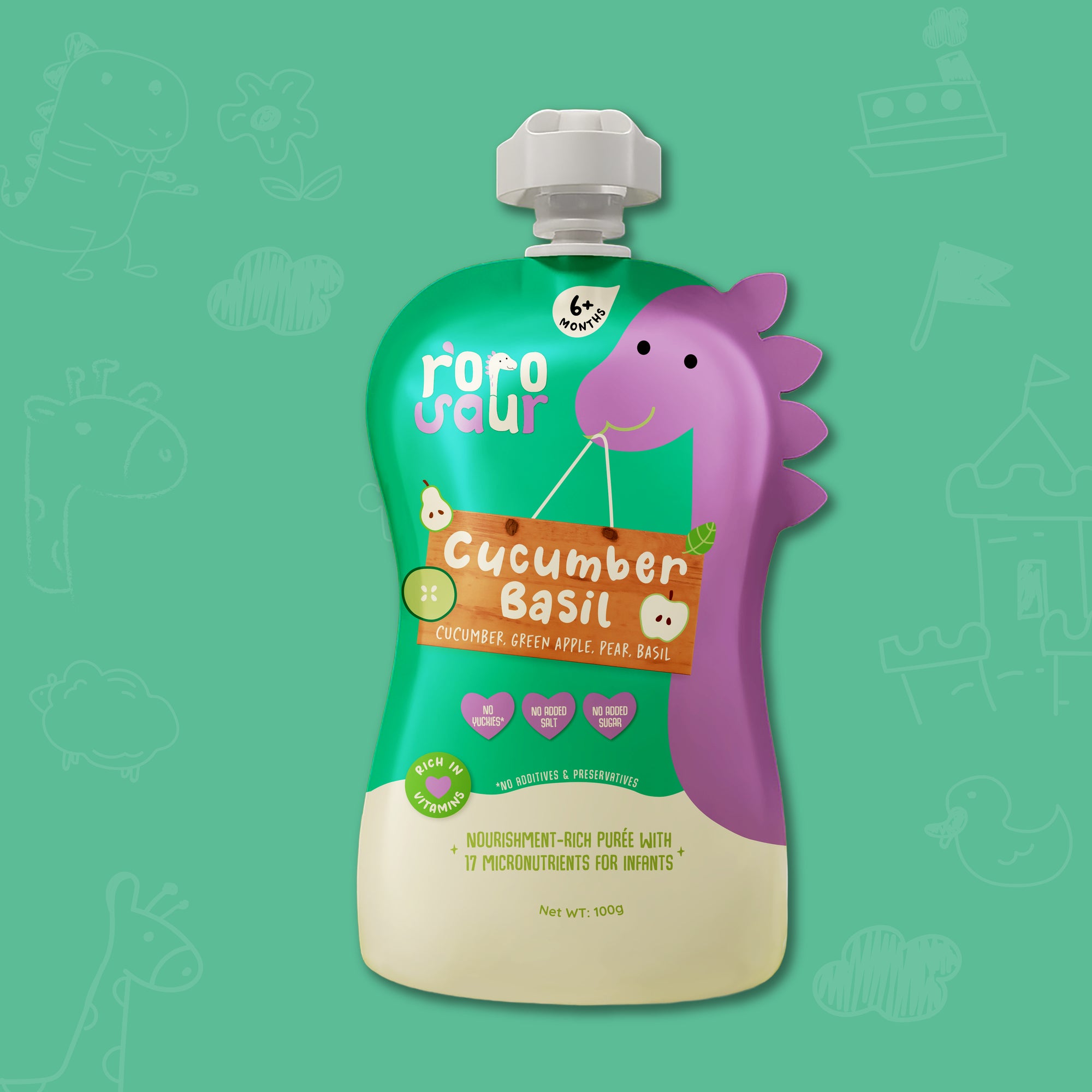 Rorosaur Cucumber Basil baby puree pack made with cucumber, green apple, pear, and basil for easy feeding.