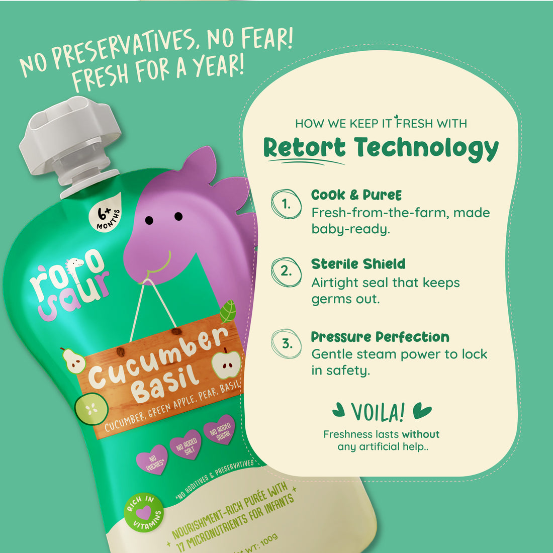 Rorosaur Cucumber Basil baby puree showing retort technology that keeps food fresh for a year without preservatives.