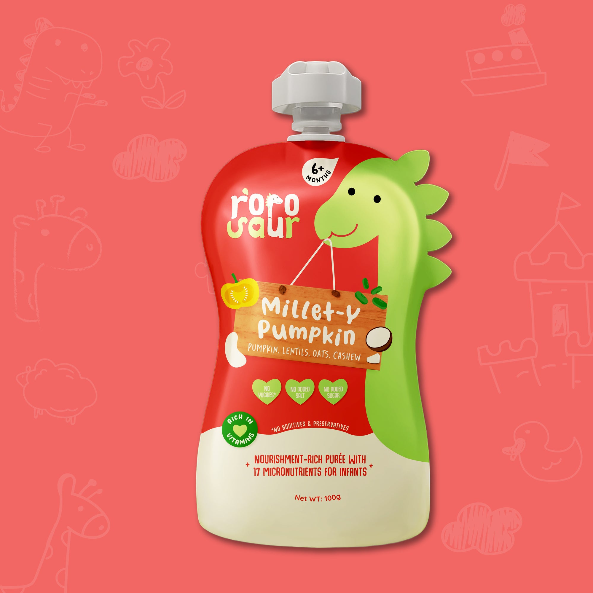 Rorosaur Millet-y Pumpkin baby puree pack made with pumpkin, lentils, oats, and cashew for infants 6 months and older.